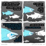  1:1 ambiguous_gender blue_body bone comic dialogue english_text feral fish marine outside sharp_teeth skull skullbird spirit teeth text underwater water 