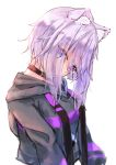  1girl absurdres animal_ear_fluff animal_ears black_collar black_hoodie breasts cat_ears closed_mouth collar commentary_request drawstring eyes_visible_through_hair hair_over_eyes highres hololive hood hood_down hoodie long_sleeves looking_at_viewer nekomata_okayu purple_eyes purple_hair simple_background small_breasts solo upper_body virtual_youtuber white_background yu_hydra 