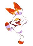  :d ^_^ artsy-rc closed_eyes commentary english_commentary full_body gen_8_pokemon hands_up highres looking_at_viewer no_humans open_mouth pokemon pokemon_(creature) scorbunny signature simple_background smile solo white_background 