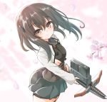  1girl bangs bike_shorts blush bow_(weapon) breasts brown_eyes brown_hair cherry_blossoms crossbow eyebrows_visible_through_hair hair_between_eyes holding holding_weapon kantai_collection kasashi_(kasasi008) long_sleeves petals short_hair shorts shorts_under_skirt sideboob simple_background skirt small_breasts smile solo taihou_(kantai_collection) weapon 