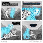  1:1 ambiguous_gender blue_body bone comic dialogue duo english_text fangs felid feral mammal mountain outside pantherine skull skullbird spirit text tiger 