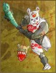  anthro armor barefoot bear_(castle_crashers) black_eyes blood bodily_fluids bodypaint brown_body brown_fur burly_bear castle_crashers chibi clothing duo face_paint fish fur green_body green_scales jouste loincloth male mammal marine muscular open_mouth red_inner_ear scales ursid white_body white_fur 