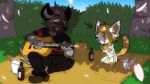  16:9 aggressive_retsuko ailurid alcohol anthro bass_guitar beverage casual_clothing detailed_background duo female flower_petals guitar haida hyaenid male male/female mammal musical_instrument nature petals picnic plucked_string_instrument red_panda retsuko sanrio skulpin spotted_hyena string_instrument tree wide_eyed widescreen 