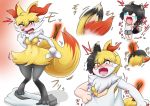  2019 animal_humanoid anthro blonde_hair blush bodily_fluids bottomwear braixen breasts canid canid_humanoid canine canine_humanoid clothing female fox_humanoid gender_transformation hair humanoid humanoid_to_anthro male mammal mammal_humanoid nageruamado navel nintendo open_mouth pok&eacute;mon pok&eacute;mon_(species) red_eyes sequence shirt shocked shorts simple_background solo stick sweat sweatdrop tank_top tears topwear transformation video_games white_background 