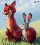  2020 black_nose canid canine cloud detailed detailed_background disney eyes_closed feral feralized fox fur grass green_eyes grey_body grey_fur hi_res judy_hopps lagomorph leporid light lighting looking_at_another mammal nick_wilde outside rabbit red_body red_fox red_fur s1m sky smile tan_body tan_fur white_body white_fur zootopia 
