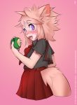  2020 absurd_res bottomwear clothed clothing felid female food fruit fully_clothed fur hair hi_res holding_fruit looking_at_viewer mammal open_mouth pink_background pink_nose plant red_bottomwear red_clothing red_skirt simple_background skirt solo synnfultiger text tongue url 