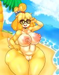  2020 5_fingers animal_crossing anthro areola beach bell big_breasts black_nose blonde_hair breasts canid canine canis cloud curvy_figure day domestic_dog eyewear female fingers fur genitals glasses hair hi_res huge_breasts humanoid_hands isabelle_(animal_crossing) looking_at_viewer mammal matospectoru monotone_eyewear monotone_glasses navel nintendo nipples nude open_mouth open_smile palm_tree patreon pink_areola pink_nipples puffy_areola puffy_nipples pussy sand sea seaside shih_tzu sky smile solo square_glasses standing teeth text thick_thighs tongue toy_dog tree url video_games voluptuous water wide_hips yellow_body yellow_fur 