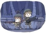  2girls bangs blush brown_hair enemy_lifebuoy_(kantai_collection) eyebrows_visible_through_hair fairy_(kantai_collection) gun hat helmet holding holding_gun holding_weapon juraki_hakuaki kantai_collection long_hair long_sleeves military military_uniform multiple_girls open_mouth outdoors ponytail pouch shinkaisei-kan skirt smile sweat uniform weapon 