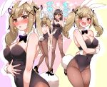  2girls animal_ears bang_dream! bangs black_hair black_legwear black_leotard black_neckwear black_ribbon blonde_hair blush bow bowtie breasts brown_eyes bunny_day bunny_ears bunny_tail bunnysuit chino_machiko clenched_hands commentary_request covered_navel crossed_arms detached_collar embarrassed fake_animal_ears green_eyes hair_ornament hair_ribbon hanazono_tae hand_on_own_stomach high_heels ichigaya_arisa leotard long_hair looking_at_viewer medium_breasts multiple_girls multiple_views pantyhose ribbon sparkle strapless strapless_leotard tail translation_request twintails wrist_cuffs x_hair_ornament 