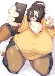  anthro big_breasts black_body black_fur black_hair black_nose blush breasts brown_body brown_eyebrows brown_fur brown_hair canid canine canis cellphone chest_tuft clothing domestic_dog eyebrow_through_hair eyebrows female fur hair hair_over_eyes hi_res holding_cellphone holding_object holding_phone huge_breasts kishibe mammal multicolored_body multicolored_fur multicolored_hair obese open_mouth open_smile overweight overweight_female pawpads phone pink_pawpads smartphone smile solo sweater thick_thighs topwear translucent translucent_hair tuft white_body white_fur white_hair 