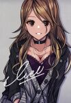  1girl absurdres bangs black_eyes blonde_hair breasts brown_hair character_name character_signature choker cleavage collarbone cross cross_earrings earrings gradient_hair grey_background gyaru hair_over_one_eye highres idolmaster idolmaster_shiny_colors izumi_mei jacket jewelry kakuzatou_(cubesugar03196) large_breasts long_hair looking_at_viewer multicolored_hair necklace simple_background smile solo sweater tan tank_top upper_body 