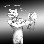  1:1 anthro beastars bodily_fluids canid canine canis clothing comic dialogue eyes_closed food gradient_background hi_res hladilnik holding_food holding_object legoshi_(beastars) male mammal monochrome polo_shirt sandwich_(food) scared shirt simple_background sketch solo sweat topwear wolf 