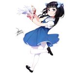  1girl aya_drevis black_hair blood blue_eyes blush bow closed_mouth dress ejami hair_bow long_hair looking_at_viewer mad_father simple_background smile solo white_background 