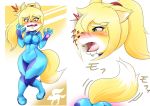  2019 anthro blush bodily_fluids breasts canid canine female fox fur green_eyes looking_down mammal metroid nageruamado navel nintendo open_mouth samus_aran sequence shocked short_stack shrinking simple_background solo sweat sweatdrop thick_thighs transformation video_games white_background wide_hips yellow_body yellow_fur zero_suit 