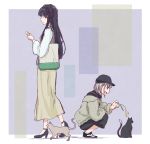  2girls ankle_strap bag bangs baseball_cap beige_skirt black_cat black_footwear black_hair black_headwear blue_background blue_eyes cat cattail cellphone grey_cat grey_hair grey_jacket hat high_heels highres holding holding_phone idolmaster idolmaster_shiny_colors jacket long_hair long_sleeves mayuzumi_fuyuko multiple_girls open_mouth orange_eyes phone plant rurika_seijin serizawa_asahi shoes short_hair shoulder_bag smartphone squatting two_side_up walking 