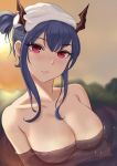  1girl absurdres arknights bangs blue_hair blush breast_hold breasts ch&#039;en_(arknights) chinese_commentary commentary_request dragon_horns eyebrows_visible_through_hair head_tilt highres horns large_breasts long_hair looking_at_viewer no_nipples nude partial_commentary partially_submerged pink_eyes ruyouguizhu sidelocks solo tied_hair towel towel_on_head upper_body water 
