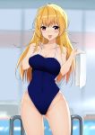  1girl bangs bare_shoulders blonde_hair blurry blurry_background blush breasts check_copyright cleavage collarbone commentary_request covered_navel fairy highleg highres holding indoors l.tea large_breasts long_hair looking_at_viewer one-piece_swimsuit original school_swimsuit smile solo swimsuit tongue tongue_out 