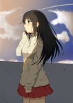  1girl absurdres bangs black_hair blue_eyes blue_sky breasts commentary day eyebrows_visible_through_hair from_side grey_jacket highres jacket l.tea long_hair medium_breasts mole mole_under_eye original outdoors pleated_skirt red_skirt skirt sky sleeves_past_wrists solo 