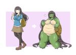  2014 before_and_after black_hair bottomwear breasts clothing directional_arrow female footwear hair hi_res human izumi_(artist) long_hair looking_down mammal open_mouth overweight reptile scalie shell shoes simple_background skirt smile solo surprise transformation turtle weight_gain 