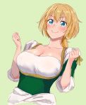  &gt;:) 1girl arte arte_(character) blonde_hair blue_eyes blush breasts cleavage clenched_hands collarbone cropped_torso dress dutch_angle green_background hair_between_eyes highres large_breasts lips renaissance_clothes short_hair short_ponytail sketch smile smug solo upper_body v-shaped_eyebrows wantacchi 
