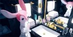  anthro bathrobe bottle brush brushing brushing_teeth cervid clothing female flower fur hi_res mammal mayumochi mirror pink_body pink_fur plant reflection robe rose_(flower) sink solo toothbrush towel 