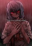  1girl bangs blood blue_hair closed_mouth commentary_request crazy_eyes english_text glowing glowing_eyes hand_on_own_chest highres original rain red_eyes shaded_face shadow short_hair solo takoongyi upper_body 