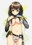  1girl arknights ass_visible_through_thighs belt belt_pouch bird breasts brown_hair brown_sweater cleavage clothes_lift commentary_request cowboy_shot digiplant earrings eyebrows_visible_through_hair glint gloves grey_background groin highres jewelry large_breasts light_smile long_sleeves looking_at_viewer magallan_(arknights) midriff multicolored_hair navel no_bra panties penguin pouch rhine_lab_logo ribbed_sweater short_hair silver_hair simple_background single_earring single_glove solo strap streaked_hair sweater sweater_lift the_emperor_(arknights) thighs turtleneck turtleneck_sweater two-tone_hair underboob underwear white_background white_gloves white_panties yellow_eyes 