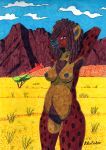  anthro armpit_hair black_nipples body_hair breasts brown_eyes chest_tuft countershading dreadlocks female hands_behind_head hi_res hyaenid konstantin_kholchev landscape looking_at_viewer mammal marker_(artwork) mountain navel nipples nude pubes savanna slightly_chubby smile solo traditional_media_(artwork) tree tuft 