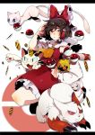  1girl bow brown_hair chingling coin commentary damenaito detached_sleeves frills full_body gen_1_pokemon gen_3_pokemon gen_4_pokemon hair_bow hair_tubes hakurei_reimu hand_up highres long_sleeves looking_at_viewer meowth mew poke_ball poke_ball_symbol pokemon pokemon_(creature) red_bow red_shirt red_skirt shirt skirt sparkle touhou white_background wide_sleeves yellow_neckwear zigzagoon 