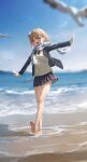  1girl ^_^ ^o^ bare_legs barefoot beach beige_vest bird blazer blue_jacket blurry blurry_background blurry_foreground closed_eyes commentary connie_(keean2019) depth_of_field grey_hair highres jacket ocean one_side_up original outstretched_arms plaid plaid_scarf pleated_skirt sand scarf school_uniform seagull skirt smile sweater_vest 