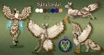  absurd_res accessory amulet anthro avian bird blue_eyes brown_hair bubo_(genus) cervid cervine feathers female feral fingers gryphon hair hair_accessory hair_bow hair_ribbon hi_res hooved_fingers hooves hybrid magic_user mammal model_sheet mythological_avian mythology owl pattern_background prismwind ribbons simple_background snowy_owl solo stripes sylvia_lorular tail_feathers talons true_owl wings wolfymewmew 