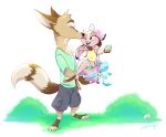  2020 anthro anthro_on_anthro barefoot canid canine carrying clothed clothing duo easter_egg female fox fully_clothed hi_res holding_object kissing lagomorph leporid male male/female mammal one_eye_closed open_mouth open_smile rabbit ribbontail_(character) ribbontini simple_background smile standing vulpesvant_(character) white_background 