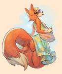  2020 animal_crossing anthro audie_(animal_crossing) breasts butt canid canine clothing dress eyewear female fur genitals handbag hi_res looking_at_viewer looking_back mammal nintendo orange_body orange_fur pussy simple_background smile solo standing sunglasses ulitochka video_games 