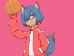  2020 4:3 anthro ball basketball_(ball) black_body black_fur black_hair blue_body blue_eyes blue_fur blue_hair brand_new_animal brown_body brown_fur canid canine clothed clothing female fluffy fluffy_tail fur hair half-length_portrait hand_in_pocket hi_res holding_object jacket looking_at_viewer mammal michiru_kagemori multicolored_body multicolored_eyes multicolored_fur multicolored_hair open_jacket pink_background pink_eyes pockets portrait raccoon_dog short_hair simple_background smile solo studio_trigger tanuki topwear yuia 