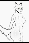  anthro black_and_white black_bars breasts felid feline female green_eyes hand_on_butt hi_res iyako katta letterbox mammal monochrome pinup pose quest_for_glory shema smile solo tongue whiskers 