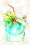  1boy alternate_costume arms_behind_head aya_(shin&#039;ya_meisai) barefoot brown_pants closed_eyes cup drinking_straw floral_background food fruit full_body glass green_eyes ice in_container in_cup jacket lemon long_sleeves male_focus one_piece open_clothes open_jacket open_mouth pants pants_rolled_up pocket roronoa_zoro scar scar_across_eye shirt slipping solo yellow_jacket 