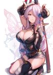  1girl :3 absurdres arm_up ataruman black_gloves black_legwear blue_eyes breasts bug butterfly cleavage closed_mouth commentary_request draph elbow_gloves gloves granblue_fantasy hair_ornament hair_over_one_eye highres holding holding_sword holding_weapon horns insect katana kneeling lavender_hair leg_garter long_hair looking_at_viewer narmaya_(granblue_fantasy) pointy_ears single_elbow_glove single_thighhigh solo sword thighhighs weapon white_background 
