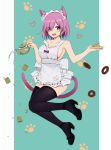  1girl animal_ears apron bare_arms bare_shoulders black_footwear black_legwear blush breasts cat_ears cat_tail cleavage commentary_request doughnut eyebrows_visible_through_hair fate/grand_order fate_(series) food hair_over_one_eye highres holding holding_plate holding_teapot l.tea large_breasts lavender_hair looking_at_viewer mash_kyrielight naked_apron open_mouth paw_print plate purple_eyes shoes short_hair smile solo tail thighhighs white_apron 