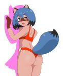  anthro black_body black_fur black_hair blue_body blue_eyes blue_fur blue_hair blush brand_new_animal brown_body brown_fur butt canid canine clothed clothing female fingers fluffy fluffy_tail fur hair hi_res looking_at_viewer mammal michiru_kagemori multicolored_body multicolored_fur multicolored_hair open_mouth pink_eyes raccoon_dog short_hair simple_background solo studio_trigger swimwear tanuki white_background 