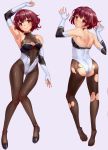  1girl azur_lane back black_footwear blush breasts brown_hair brown_legwear cleavage_cutout commissioner_upload cosplay dakimakura elbow_gloves eyebrows_visible_through_hair fingerless_gloves full_body gloves gradient_hair grey_background highres kantai_collection leotard looking_at_viewer looking_back lying medium_breasts multicolored_hair mutsuki_(kantai_collection) on_back pantyhose race_queen red_hair shoes short_hair simple_background solo takao_(azur_lane) takao_(azur_lane)_(cosplay) tarou_(user_tpmh7442) torn_clothes torn_legwear 