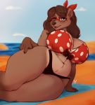  anthro beach big_breasts bikini breasts cleavage clothed clothing curvy_figure eyewear female geeflakes glasses hand_on_hip huge_breasts lying mammal on_side seaside slightly_chubby solo swimwear thick_thighs towel ursid voluptuous wide_hips 