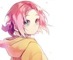  1girl bangs commentary_request from_side green_eyes hairband haruno_sakura hood hood_down looking_at_viewer naruto naruto_(series) parted_bangs pink_hair pink_hairband sal short_hair simple_background white_background yellow_hoodie 