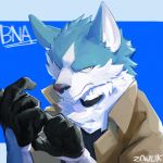 1:1 anthro black_nose blue_body blue_eyes blue_fur brand_new_animal canid canine canis clothed clothing coat collar fur gloves hair handwear hi_res jacket looking_at_viewer male mammal shirou_ogami solo studio_trigger topwear white_body white_fur wolf yellow_eyes znuuk 