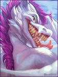  2018 3:4 anthro black_eyebrows bodily_fluids digital_media_(artwork) dragon ear_piercing eyebrows forked_tongue fur furred_dragon grin hair hi_res looking_at_viewer looking_back male nylla open_mouth piercing pink_hair pink_tongue rear_view red_eyes saliva saliva_string sharp_teeth skiaskai smile solo teeth tongue tongue_out white_body white_fur 