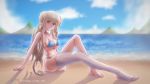  1girl alternate_costume azur_lane bangs bikini blue_bikini blue_sky blush braid breasts choker cleavage cloud day double_bun eyebrows_visible_through_hair flower formidable_(azur_lane) formidable_(the_lady_of_the_beach)_(azur_lane) furby_chan_art hair_between_eyes large_breasts long_hair looking_at_viewer mountain navel ocean red_eyes shadow sidelocks single_thighhigh sitting sky swimsuit thighhighs very_long_hair white_flower 