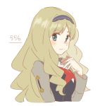  1girl arm_up bangs blonde_hair blue_eyes blush breasts closed_mouth commentary_request darling_in_the_franxx eyebrows_visible_through_hair from_side grey_hairband hair_ornament hairband kokoro_(darling_in_the_franxx) long_hair long_sleeves looking_at_viewer military military_uniform number smile solo unapoppo uniform upper_body 