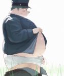  2020 anthro belly black_nose blush bodily_fluids butt canid canine canis clothing domestic_dog eyewear genital_fluids genitals glasses hat headgear headwear hi_res humanoid_genitalia humanoid_hands humanoid_penis kemono male mammal outside overweight overweight_male peeing penis shirt solo sv_grart sweat topwear underwear urine 