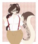  anthro big_breasts breasts clothed clothing eyewear felid female fully_clothed glasses looking_at_viewer mammal one_eye_closed pantherine re-sublimity-kun slightly_chubby snow_leopard solo suspenders wide_hips wink 