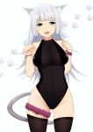  1girl animal_ears bangs bare_shoulders bell black_swimsuit blush breasts cat_ears cat_tail check_copyright collarbone commentary_request covered_navel eyebrows_visible_through_hair fangs grey_hair highleg l.tea large_breasts looking_at_viewer open_mouth original paw_print smile solo swimsuit tail thighhighs 