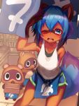  absurd_res animal_crossing anthro black_hair blue_body blue_eyes blue_hair blush bottomwear brand_new_animal breasts brown_body brown_fur canid canine clothed clothing female fluffy fluffy_tail fur group hair hi_res holding_object inside looking_at_viewer mammal michiru_kagemori multicolored_hair nintendo one_eye_closed open_mouth raccoon_dog shirt short_hair shorts studio_trigger tab_head tank_top tanuki timmy_nook tommy_nook topwear translucent translucent_hair video_games 